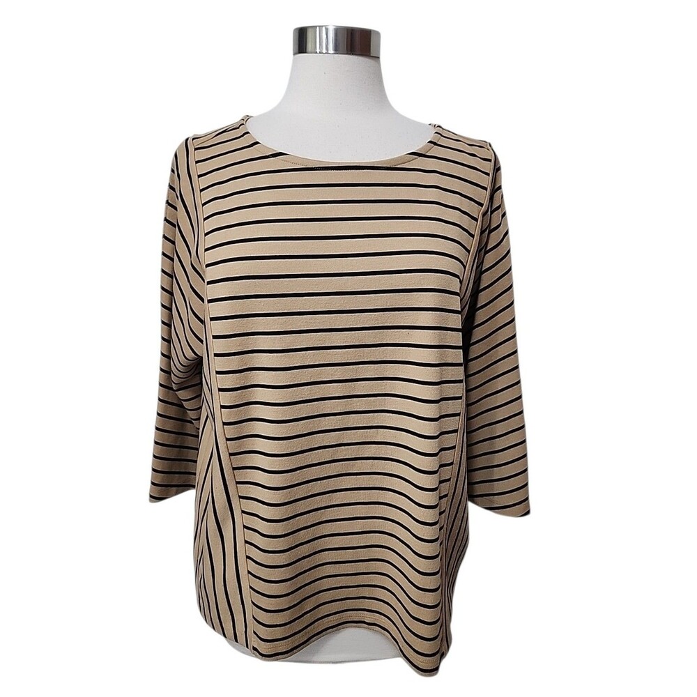 Chico's Womens Top Size 3 Brown Stripe Knit Stretch Pullover 3/4 Sleeve XL